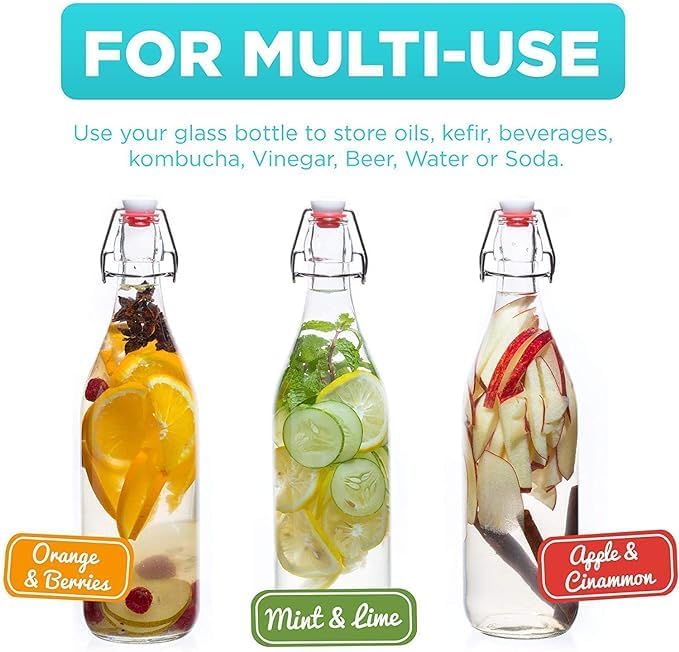 ONICORN Glass Storage Bottles 250ml with Swing Top Lid - Airtight Rubber Seal & Flip Cap, Freezer Safe Reusable Round Glass Bottles for Water, Juice, Milk, Oil, Soda, Wine & More - Set of 4 - Image 4