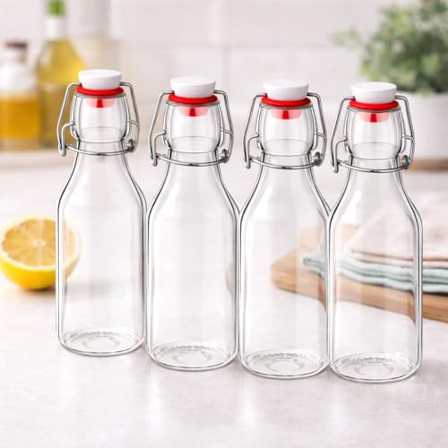 ONICORN Glass Storage Bottles 250ml with Swing Top Lid - Airtight Rubber Seal & Flip Cap, Freezer Safe Reusable Round Glass Bottles for Water, Juice, Milk, Oil, Soda, Wine & More - Set of 4 - Image 1