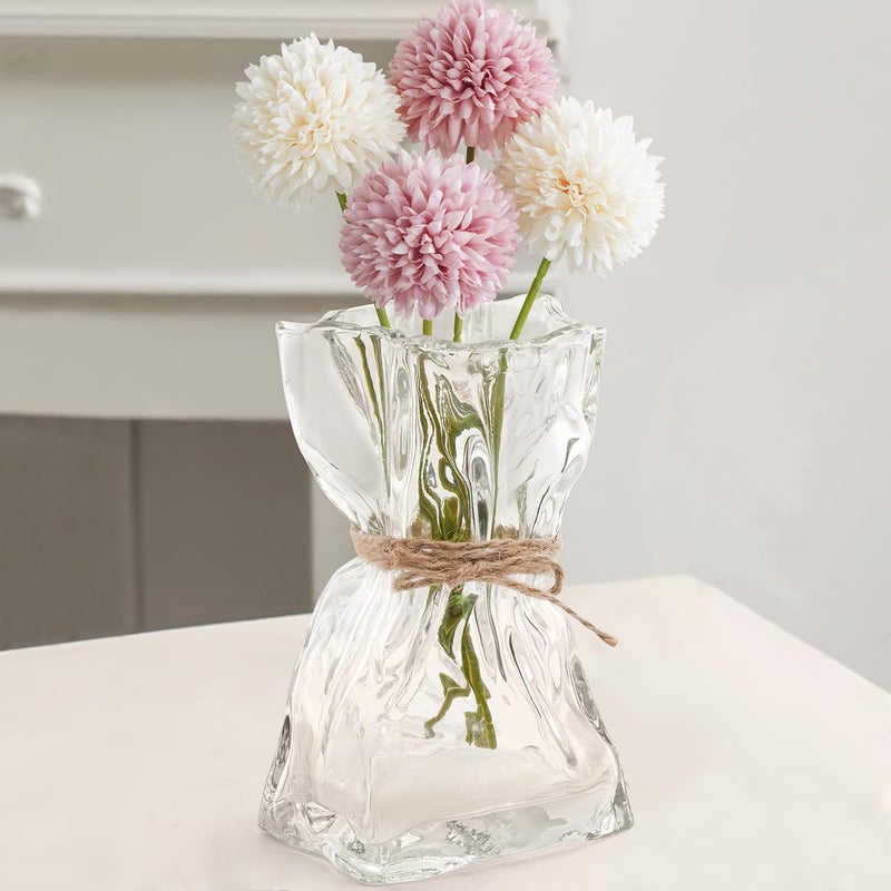 ABOUT SPACE ABOUT SPACE Flower Vase Irregular Bag Shape Vase for Living Room Folded Paper Glass Vase for Water Plants Transparent Centerpiece Vase for Home Decor Table Top Decor for Home Restaurants 