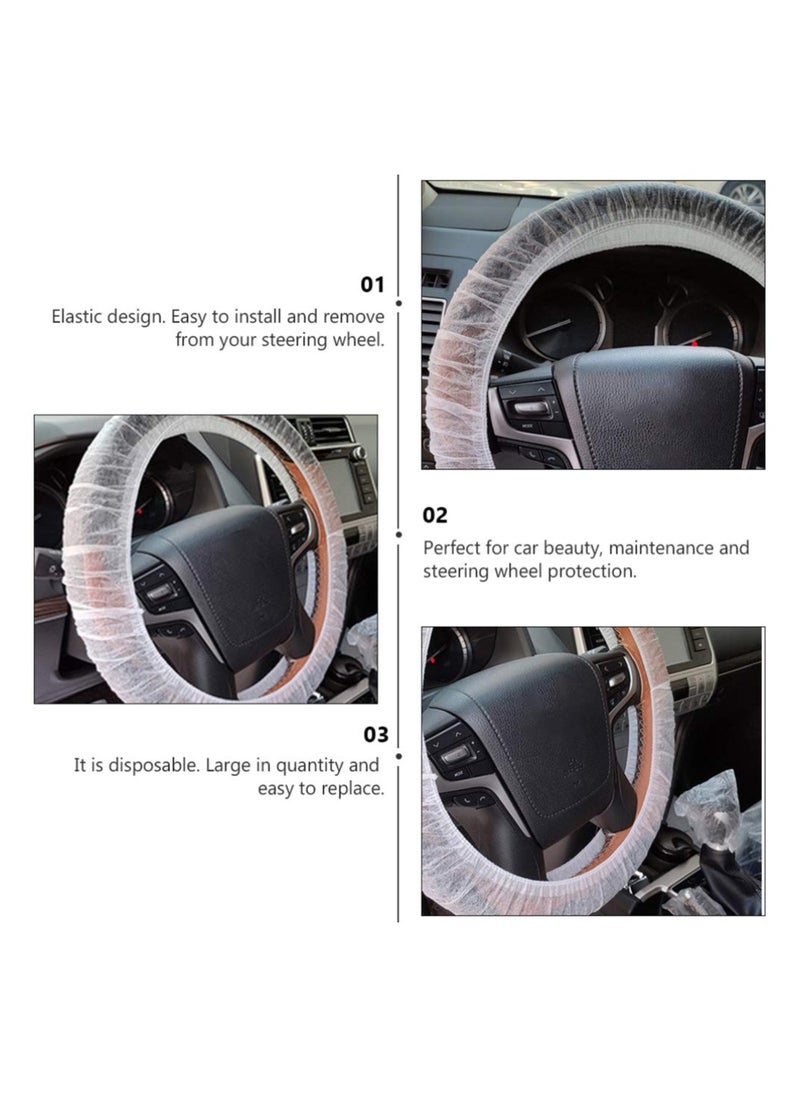SYOSI 100 Pcs Disposable Plastic White Opaque Steering Wheel Cover Elastic Pull Handle Steering Wheel Protective Covers Universal for Cars Trucks  - Image 4