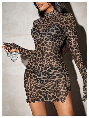 WDIRARA Women's Leopard Print Mock Neck Split Bell Long Sleeve Bodycon Dress Lettuce Trim Sheer Mini Dress Brown Medium - Image 5