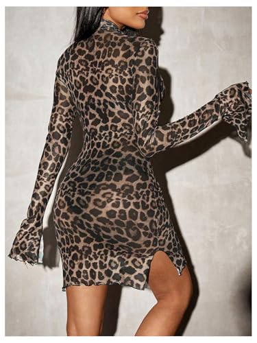 WDIRARA Women's Leopard Print Mock Neck Split Bell Long Sleeve Bodycon Dress Lettuce Trim Sheer Mini Dress Brown Medium - Image 2