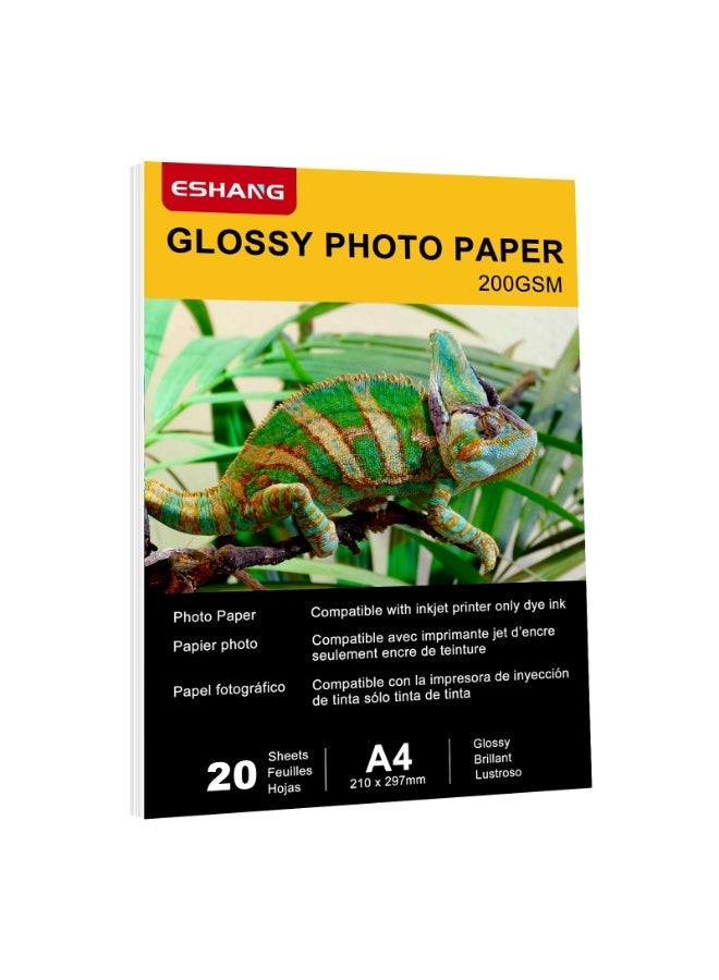 ESHANG A4 200gsm Glossy Photo Paper 20 Sheets for Inkjet Printers | Dye Ink Only | Premium Photo Prints, Flyers (Not for Pigment Ink/Laser)