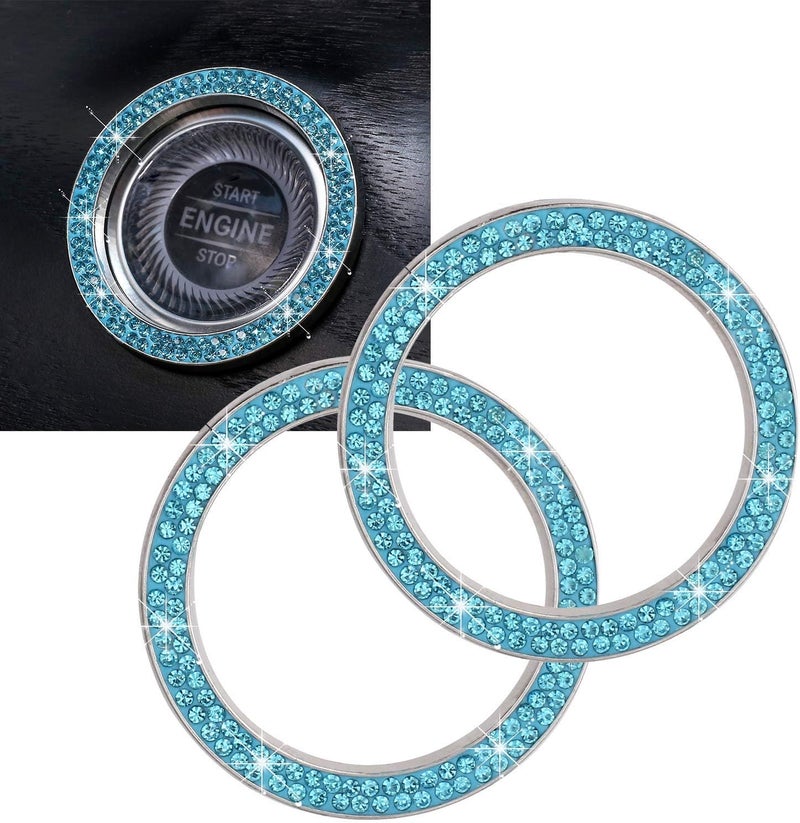 ToBeQueen Push to Start Button Ring Emblem Sticker 2Pcs Diamond Car Ring Stickers Rhinestone Car Accessories Interior for Women,Cute Car Decals Ignition Accessories Blue - Image 1