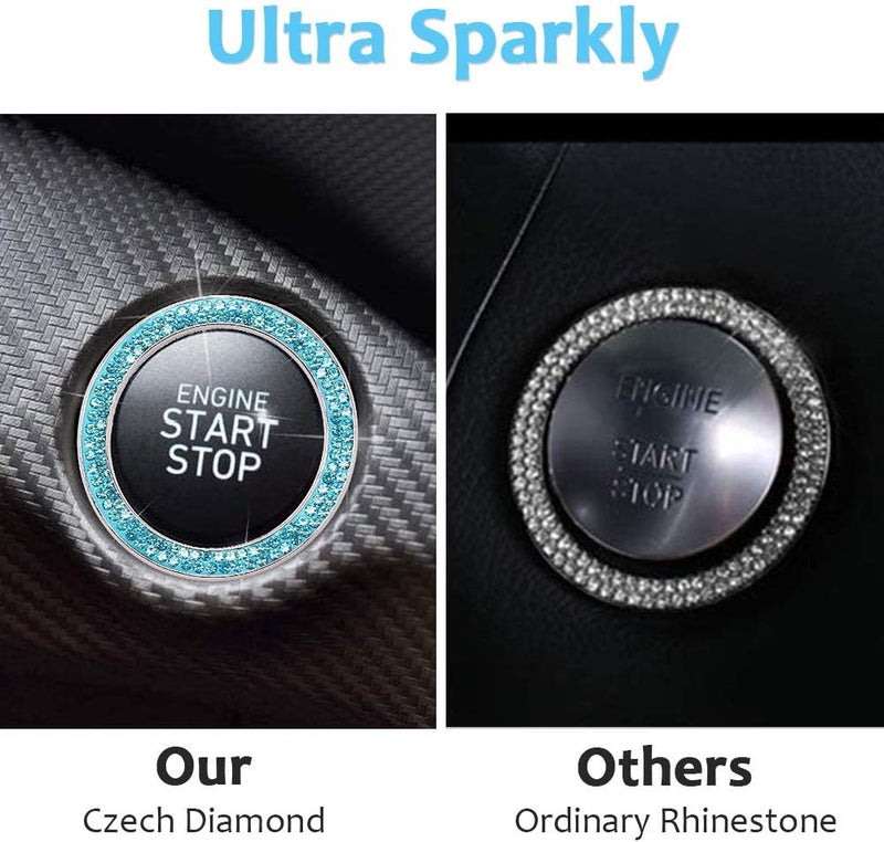 ToBeQueen Push to Start Button Ring Emblem Sticker 2Pcs Diamond Car Ring Stickers Rhinestone Car Accessories Interior for Women,Cute Car Decals Ignition Accessories Blue - Image 3