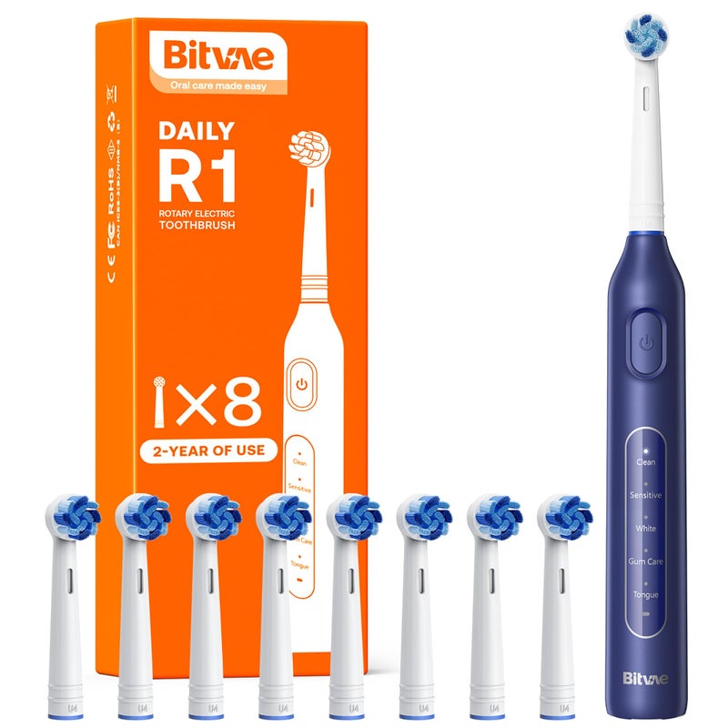Bitvae R1 Rotating Electric Toothbrush with 8 Brush Heads for Adults and Kids 60Day Battery Life 5 Modes Rechargeable Power Toothbrush with 2Minute Smart Timer Dark Blue