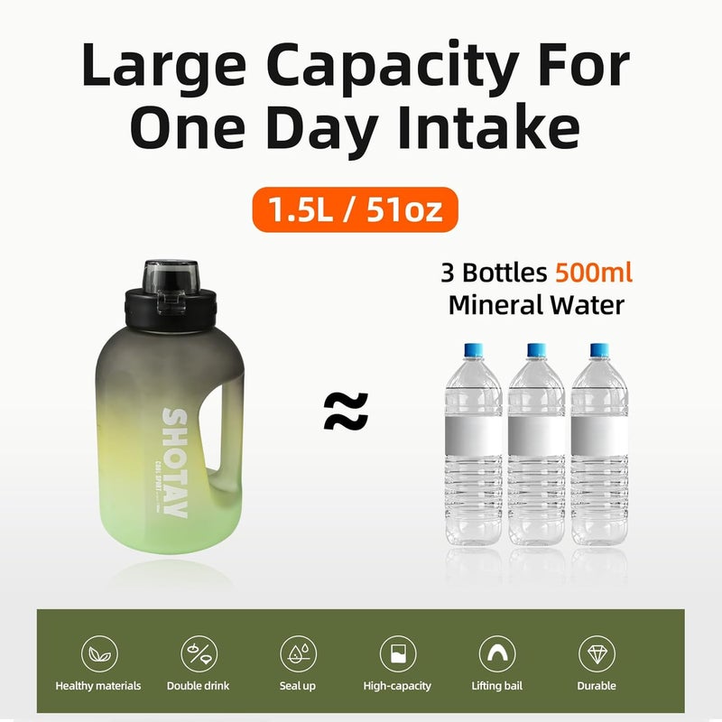 SHOTAY 1.5L Sports Water Bottles Half Gallon Motivational with Time Marker Removable Straw, BPA Free And Leakproof, Big Water Jug for Fitness, Gym, Sports And Camping. Green - Image 5