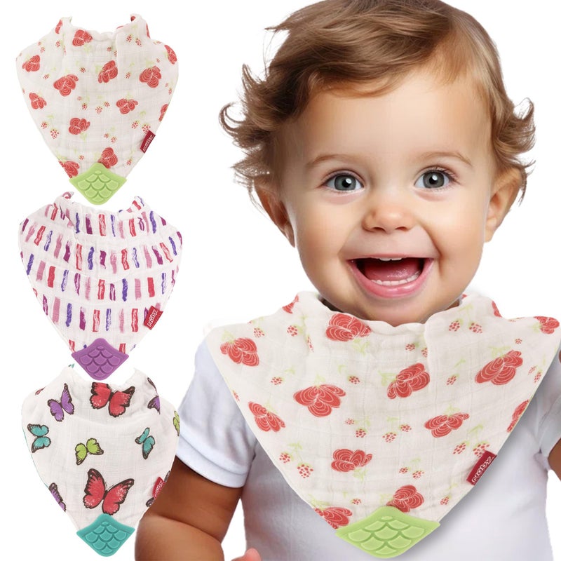 Nuby Reversible 100% Natural Cotton Muslin 3 Piece Teething Bib, Pink, Aqua, Purple, Flower, Butterfly, Stripes, Girl, 3 Count - Image 2