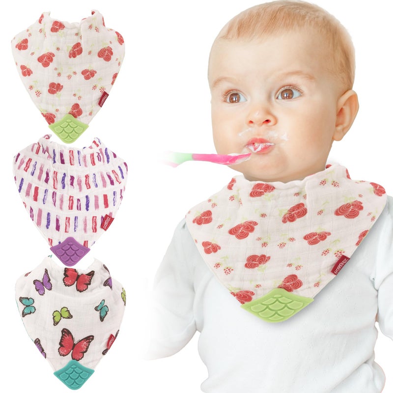 Nuby Reversible 100% Natural Cotton Muslin 3 Piece Teething Bib, Pink, Aqua, Purple, Flower, Butterfly, Stripes, Girl, 3 Count - Image 1