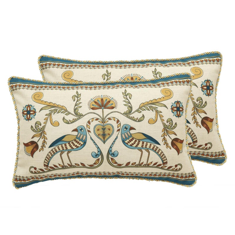 patdrea Designer Rectangle Throw Pillow Covers Set of 2,Farmhouse Blue Linen with Birds Floral Pattern Pillow Cover,Decorative Lumbar Pillowcases Cushion for Bed Living Room Outdoor Car,12"x20" - Image 1