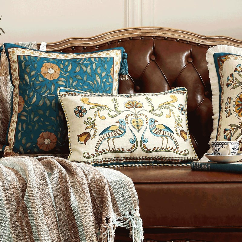 patdrea Designer Rectangle Throw Pillow Covers Set of 2,Farmhouse Blue Linen with Birds Floral Pattern Pillow Cover,Decorative Lumbar Pillowcases Cushion for Bed Living Room Outdoor Car,12"x20" - Image 2