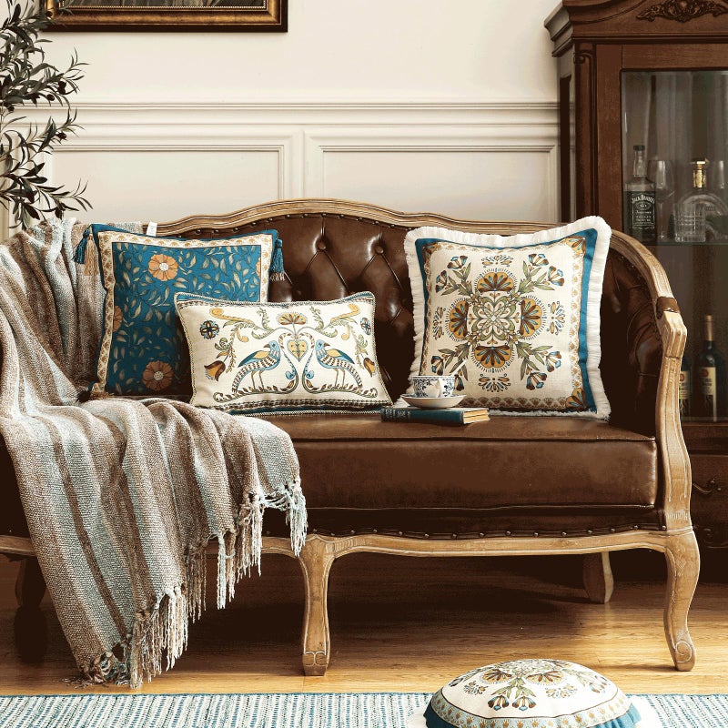 patdrea Designer Rectangle Throw Pillow Covers Set of 2,Farmhouse Blue Linen with Birds Floral Pattern Pillow Cover,Decorative Lumbar Pillowcases Cushion for Bed Living Room Outdoor Car,12"x20" - Image 3