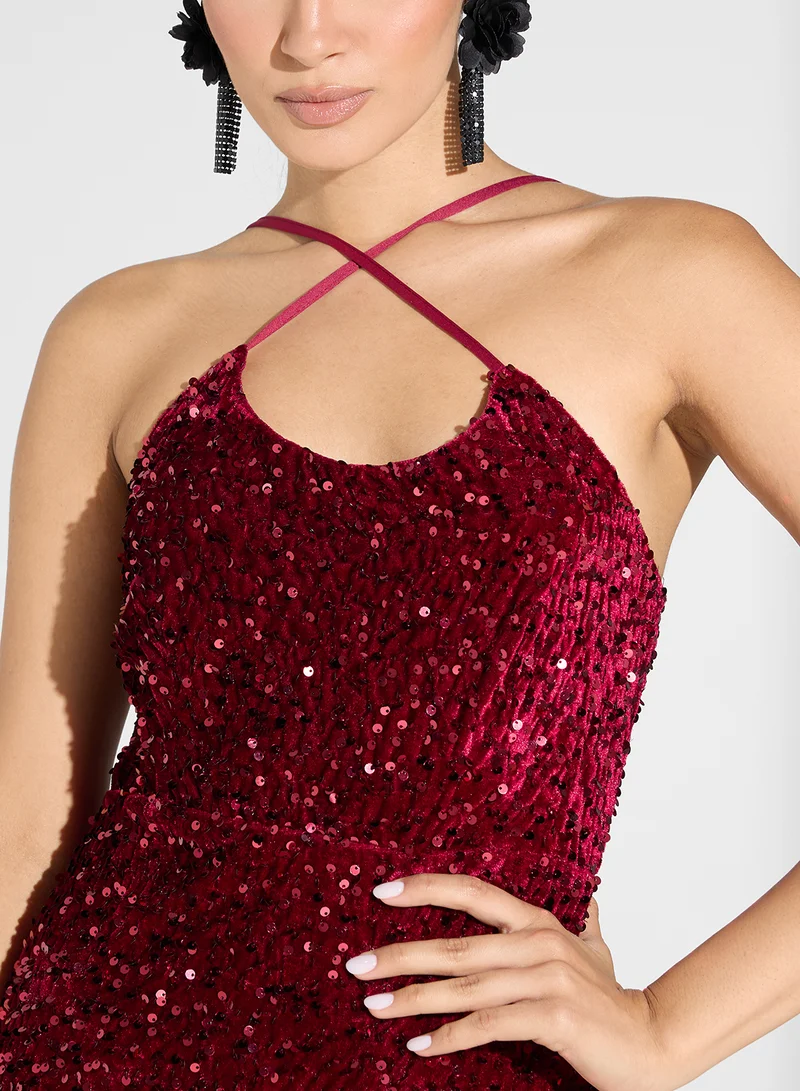 Ella Limited Edition Sequin Halter Slit Dress