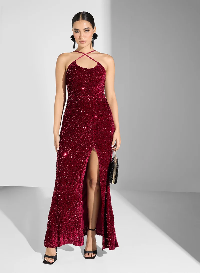Ella Limited Edition Sequin Halter Slit Dress