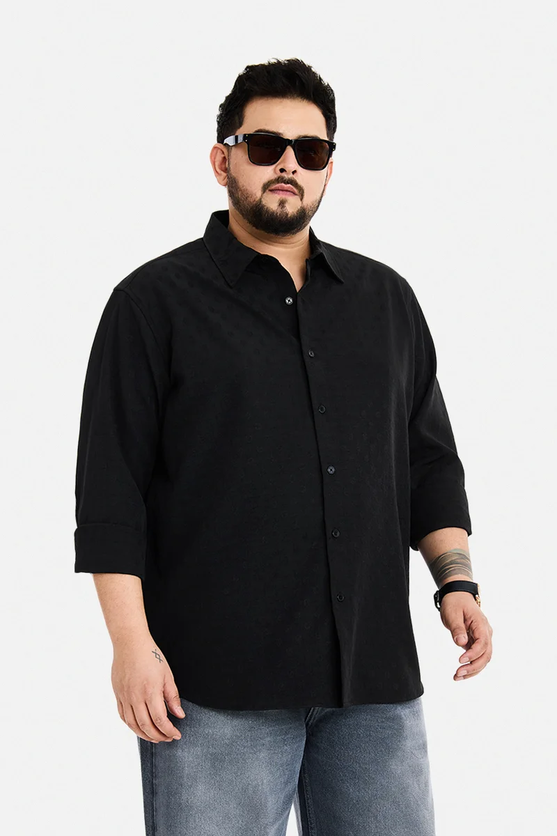 سنيتش Black Textured Long Sleeve Regular Fit Plus Size Shirt