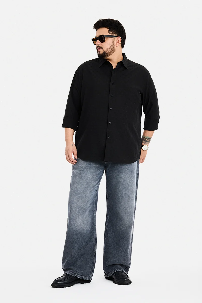 سنيتش Black Textured Long Sleeve Regular Fit Plus Size Shirt