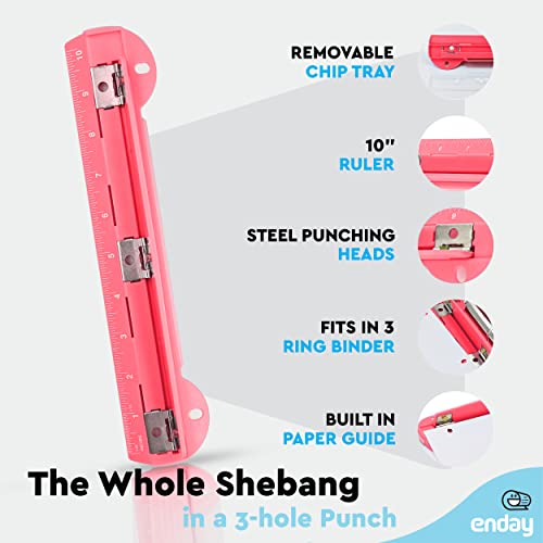 Enday 3 Hole Punch Pink, Portable Hole Puncher for 3 Ring Binder, 3 Sheets Capacity, Removable Chip Tray, 10” Ruler for School, Office, Also Available in Purple, Blue, Green, Red, Grey, 1 Pc-by Enday - Image 3