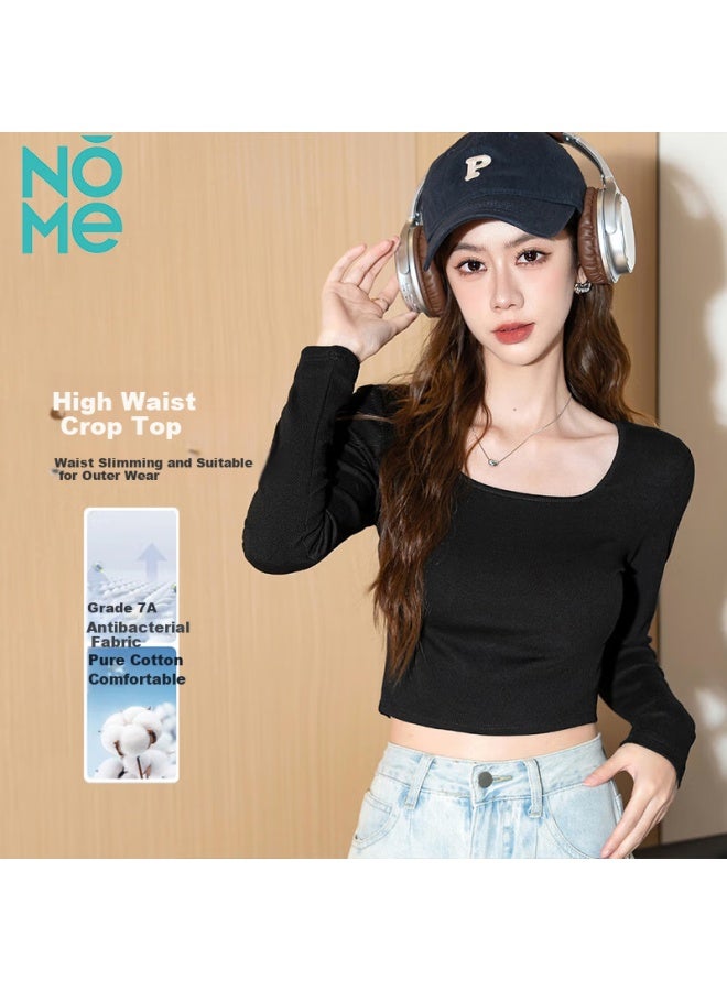 Nome Women's Shoulder Off T-shirt Spring Autumn Summer Tight-fitting Long-sleeved Short Top Black 2XL - Image 1