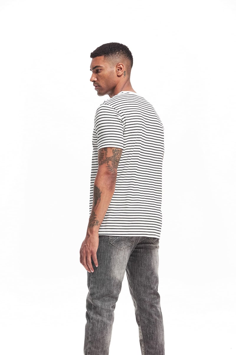VEIISAR Men's Crewneck Striped T-Shirt Vintage Casual Cotton Tees Tops 311 White M - Image 4