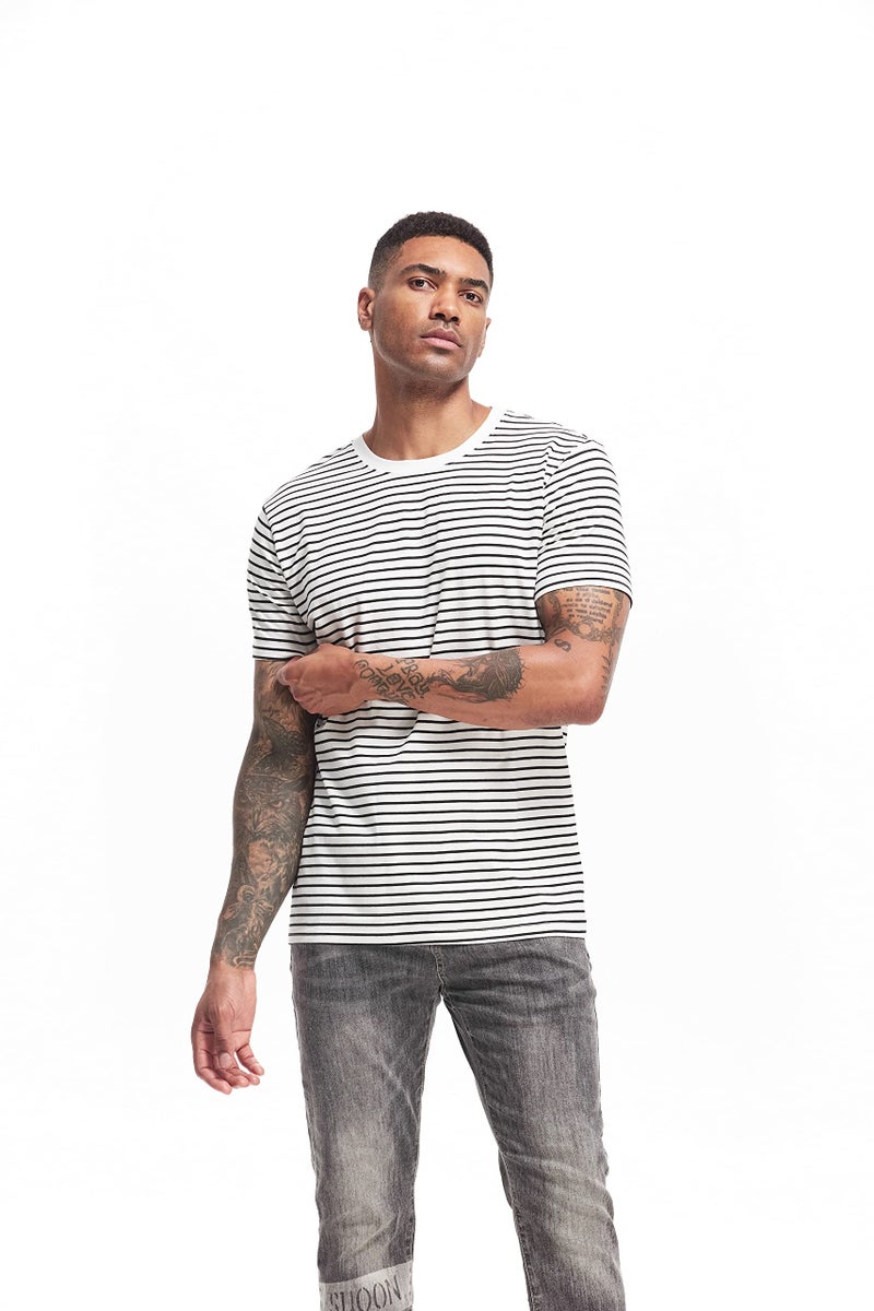VEIISAR Men's Crewneck Striped T-Shirt Vintage Casual Cotton Tees Tops 311 White M - Image 5