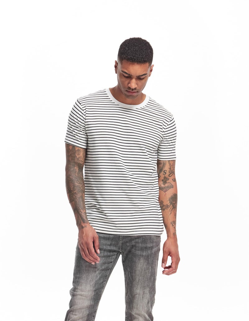 VEIISAR Men's Crewneck Striped T-Shirt Vintage Casual Cotton Tees Tops 311 White M - Image 2