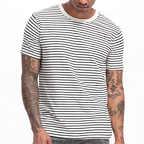 VEIISAR Men's Crewneck Striped T-Shirt Vintage Casual Cotton Tees Tops 311 White M - Image 1