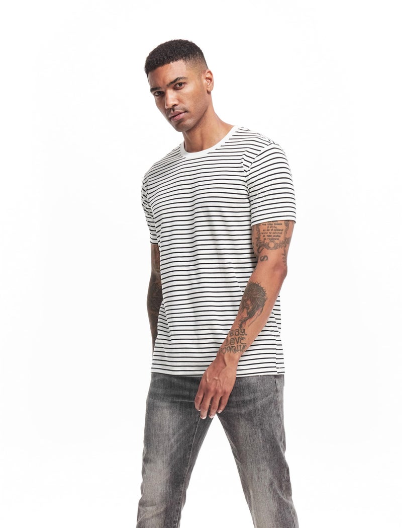 VEIISAR Men's Crewneck Striped T-Shirt Vintage Casual Cotton Tees Tops 311 White M - Image 3