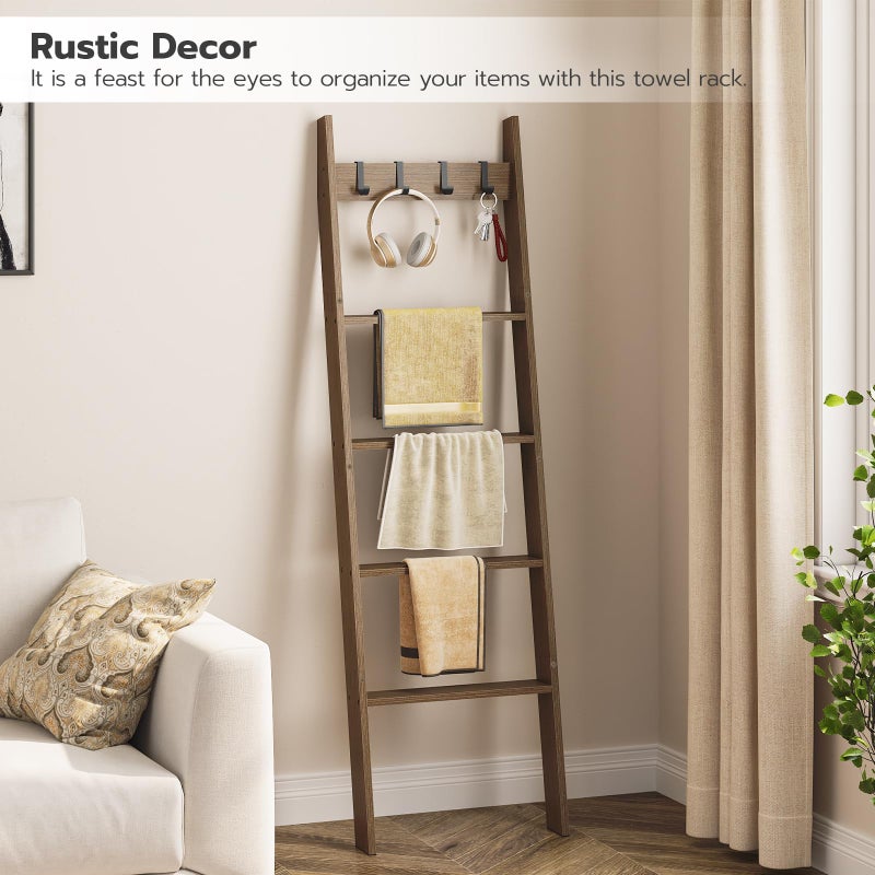 HOOBRO Blanket Ladder for Living Room and Bedroom, 5-Tier Wall Leaning Towel Rack for Bathroom, Decorative Ladder Shelf with 4 Removable Hooks, Farmhouse Blanket Storage, Mocha MA51CJ01G1 - Image 3