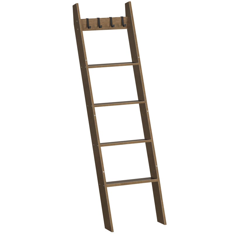 HOOBRO Blanket Ladder for Living Room and Bedroom, 5-Tier Wall Leaning Towel Rack for Bathroom, Decorative Ladder Shelf with 4 Removable Hooks, Farmhouse Blanket Storage, Mocha MA51CJ01G1 - Image 1