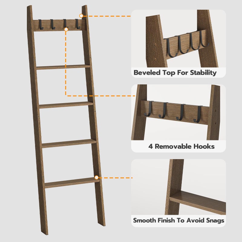 HOOBRO Blanket Ladder for Living Room and Bedroom, 5-Tier Wall Leaning Towel Rack for Bathroom, Decorative Ladder Shelf with 4 Removable Hooks, Farmhouse Blanket Storage, Mocha MA51CJ01G1 - Image 5