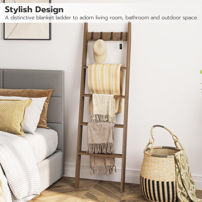 HOOBRO Blanket Ladder for Living Room and Bedroom, 5-Tier Wall Leaning Towel Rack for Bathroom, Decorative Ladder Shelf with 4 Removable Hooks, Farmhouse Blanket Storage, Mocha MA51CJ01G1 - Image 4