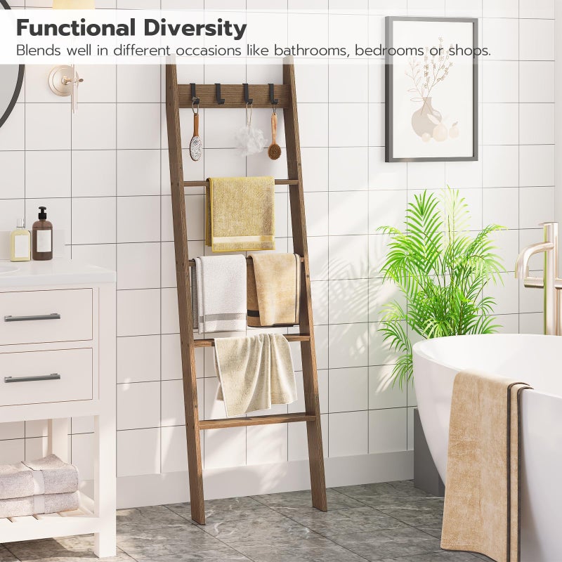 HOOBRO Blanket Ladder for Living Room and Bedroom, 5-Tier Wall Leaning Towel Rack for Bathroom, Decorative Ladder Shelf with 4 Removable Hooks, Farmhouse Blanket Storage, Mocha MA51CJ01G1 - Image 2
