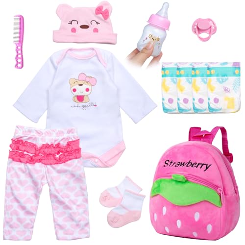 Pedolltree Reborn Baby Dolls Clothes Pink Bear Outfit Accessories 12 Pcs Set for 1722 Inch Reborn Dolls Newborn Baby Girl with Strawberry BackpackFeeding Set - Image 1