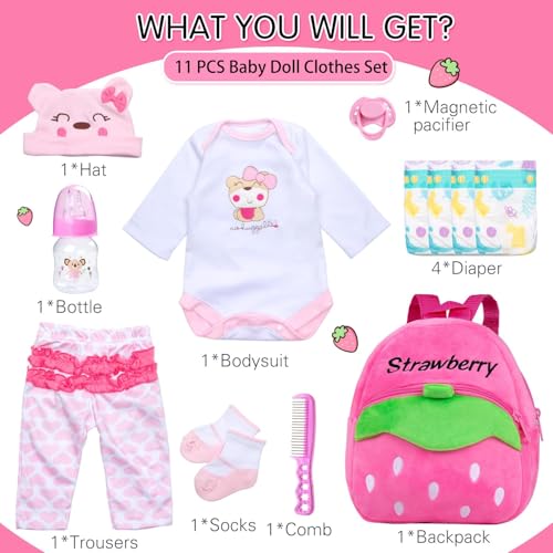 Pedolltree Reborn Baby Dolls Clothes Pink Bear Outfit Accessories 12 Pcs Set for 1722 Inch Reborn Dolls Newborn Baby Girl with Strawberry BackpackFeeding Set - Image 5