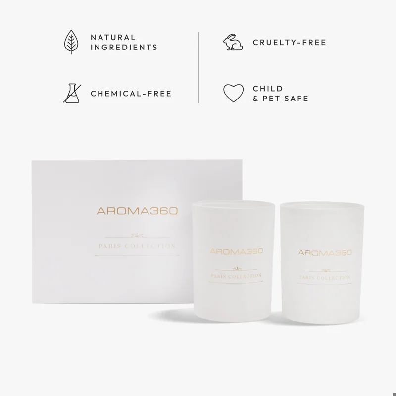 Aroma360  My Way - Paris Collection Candle Duo - Scented Candles with Essential Oils - Lush Sandalwood, Warm Virginia Cedar & Iris - Soy Candles - 80hr Burn - Set of 2  | Best Price UAE