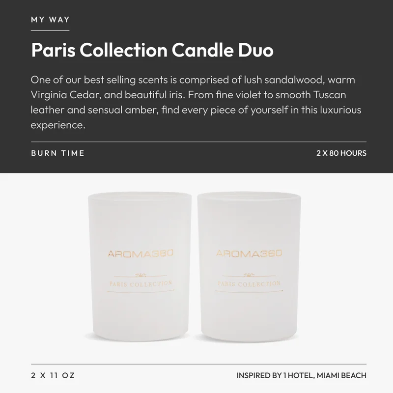 أروما 360  My Way - Paris Collection Candle Duo - Scented Candles with Essential Oils - Lush Sandalwood, Warm Virginia Cedar & Iris - Soy Candles - 80hr Burn - Set of 2