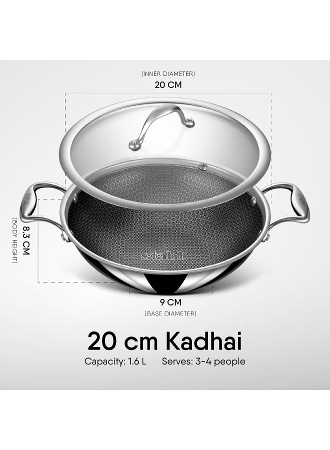 Stahl مقلاة ستال أرتيزان هايبرد ثلاثية الطبقات غير لاصقة مع غطاء، مقلاة من الفولاذ المقاوم للصدأ للطهي، صديقة لملعقة المعدن، متوافقة مع موقد الغاز والحراري، 1.6 لتر، 20 سم - Image 2