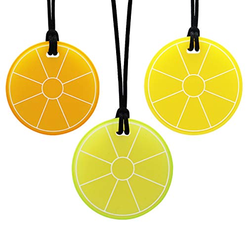 QUALEAP AMBER Xtra Tough Lemon Sensory Chew Necklace - Chewing Necklace Teething Necklace Teether Necklace Chew Toys for Kids, Boys or Girls - Teething Toys Designed for Chewing, Autism Sensory Teether Toy (3 Pack) - Image 1