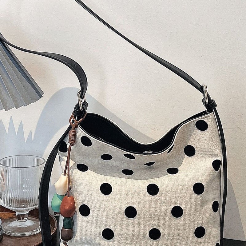 White Canvas Shoulder Bag with Black Polka Dots - Image 1
