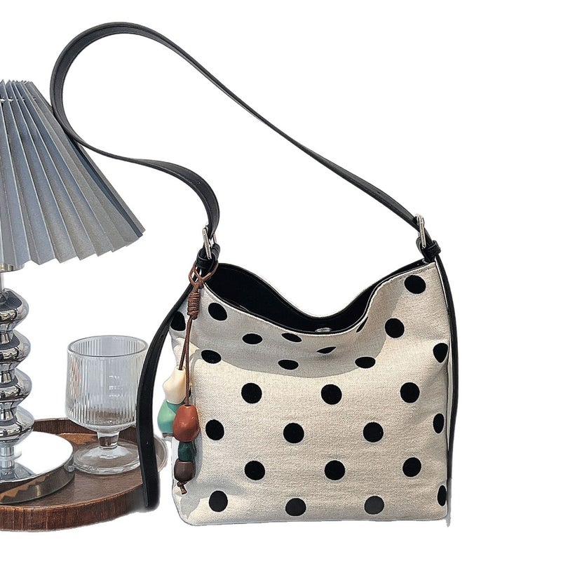 White Canvas Shoulder Bag with Black Polka Dots - Image 2
