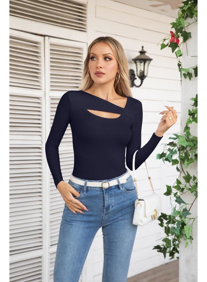 VICHYIE Womens Fall Long Sleeve Shirt Ribbed Cutout Fitted Tshirt Tops Navy M - Image 3