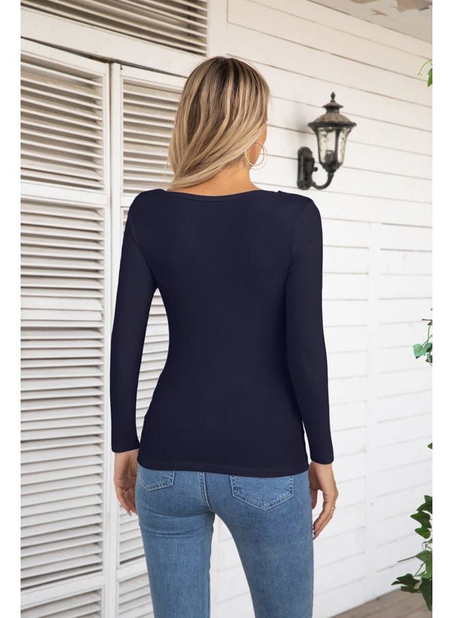 VICHYIE Womens Fall Long Sleeve Shirt Ribbed Cutout Fitted Tshirt Tops Navy M - Image 5