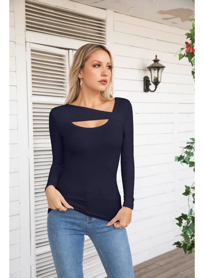 VICHYIE Womens Fall Long Sleeve Shirt Ribbed Cutout Fitted Tshirt Tops Navy M - Image 2
