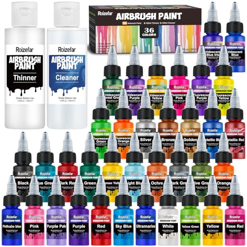 Roizefar Airbrush Paint, 36 Colors with 4.05 Fl Oz Thinner & 4.05 Fl Oz Cleaner, Water-Based Air Brush Paints Acrylic Ready to Spray, Includes Iridescent, Metallic, Neon, Classic Colors, 20ml/Bottle - Image 1