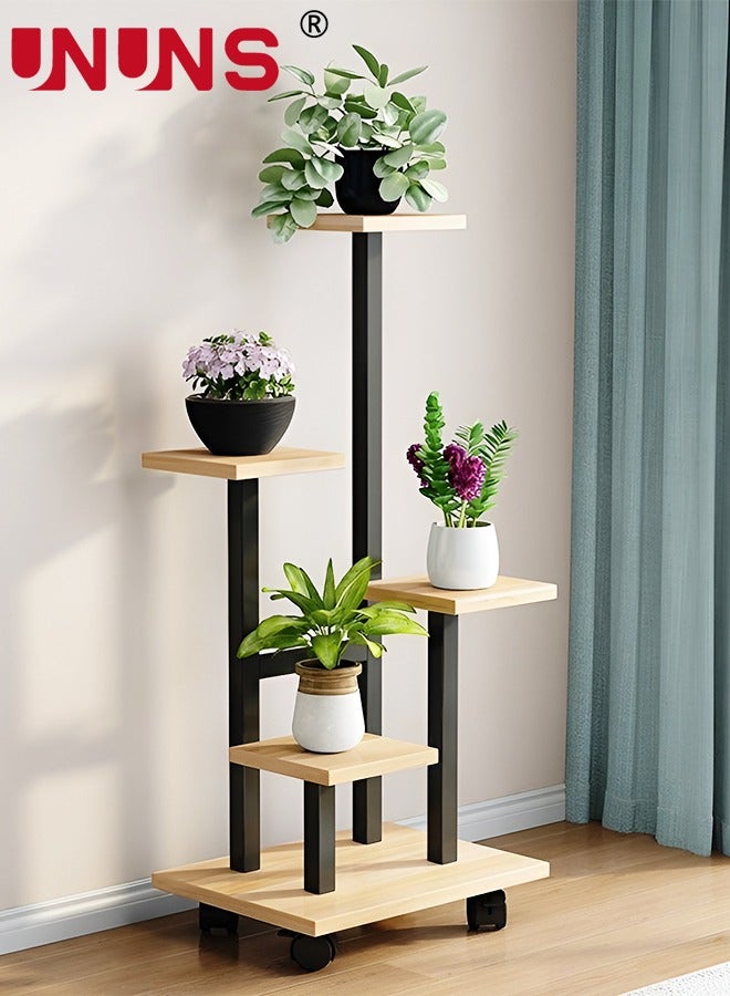 UNUNS 5 Tier Plant Stand With 4 Wheels,Metal Wood Tall Plant Stands For Indoor Plants Multiple,Corner Tiered Flower Plants Shelf Stand For Living Room Bedroom - Image 1
