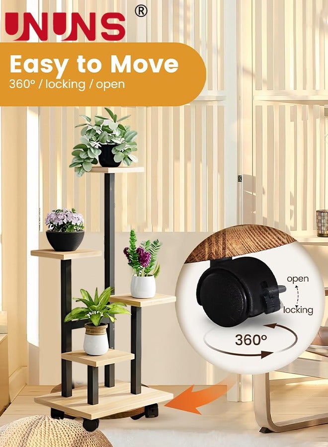 UNUNS 5 Tier Plant Stand With 4 Wheels,Metal Wood Tall Plant Stands For Indoor Plants Multiple,Corner Tiered Flower Plants Shelf Stand For Living Room Bedroom - Image 3