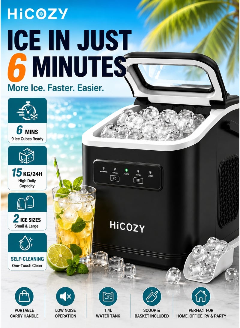 هاي كوزي HiCOZY صانع الجليد 1.4L 15 كجم / 24 ساعة سريعة 9 مكعبات جاهزة في 6 دقائق 2 أحجام صانع الجليد المحمول مع مقبض وسلة مقبض صانع الجليد التنظيف الذاتي للسيارات ، RV ، التخييم والرحلات الطرقية ، أحجام الرصاصة المزدوجة (الأسود) - Image 1
