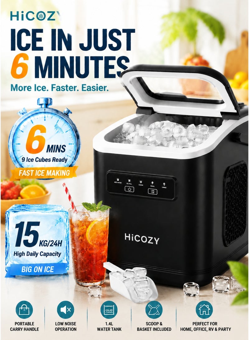 HiCOZY Ice Maker 1.4L 15kg/24Hrs Fast 9 Cubes Ready in 6 Mins 2 Sizes Portable Ice Maker with Handle and Scoop Basket Self-Cleaning Ice Maker for Car, RV, Camping & Road Trips, Dual Bullet Sizes (Black) - Image 1