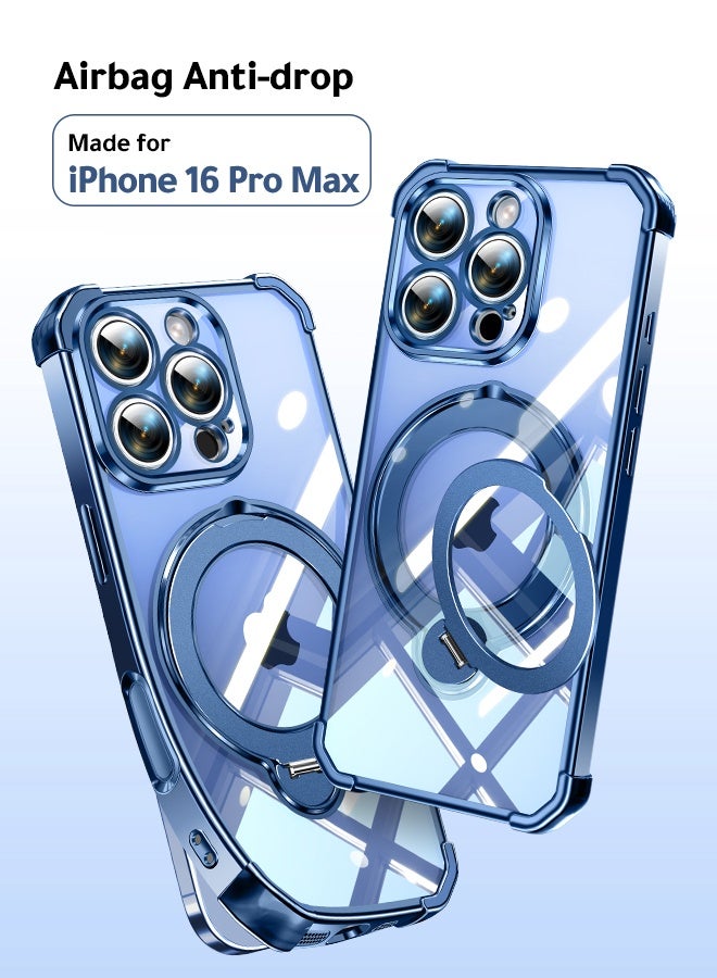 غطاء هاتف شفاف مغناطيسي لـ iPhone 16 Pro Max مقاس 6.9 بوصة، حامل حلقة دوارة بزاوية 360 درجة، متوافق مع MagSafe بقدرة 15 واط، حماية من السقوط بدرجة عسكرية، إطار أزرق - Image 1