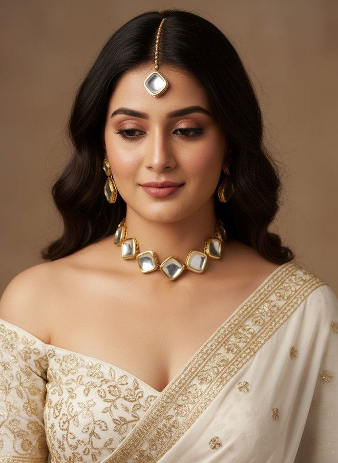 LUCKY JEWELLERY 18K Gold-Plated Meenakari Kundan Stone Studded Jewellery Set - Image 1